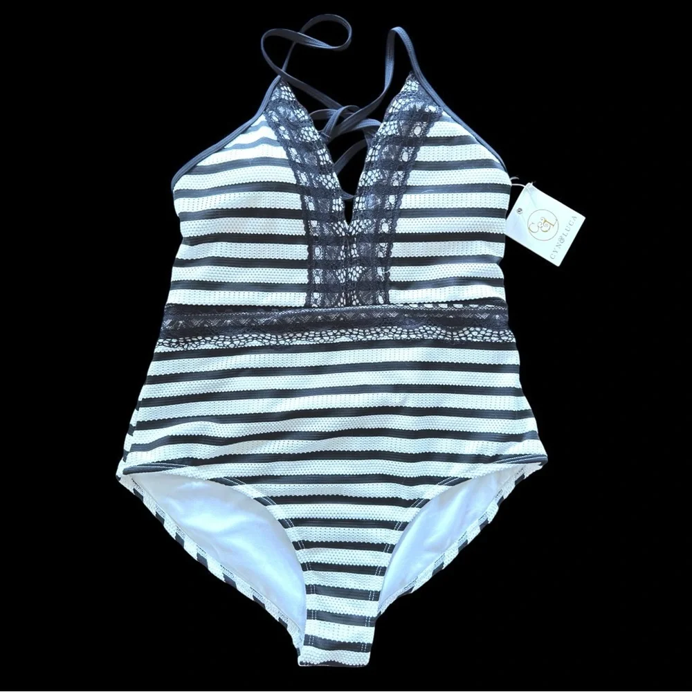 NWT Cyn & Luca White & Black Stripe Lace One Piece Bathing Suit - Picture 3 of 15